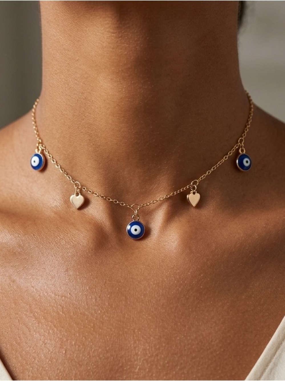 Dainty Gold-Tone Multi Evil Eye & Heart Charm Choker Necklace